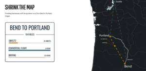 A map showing the airport option in Portland, Oregon and the benefits of a Bend to Portland flight with Direct2